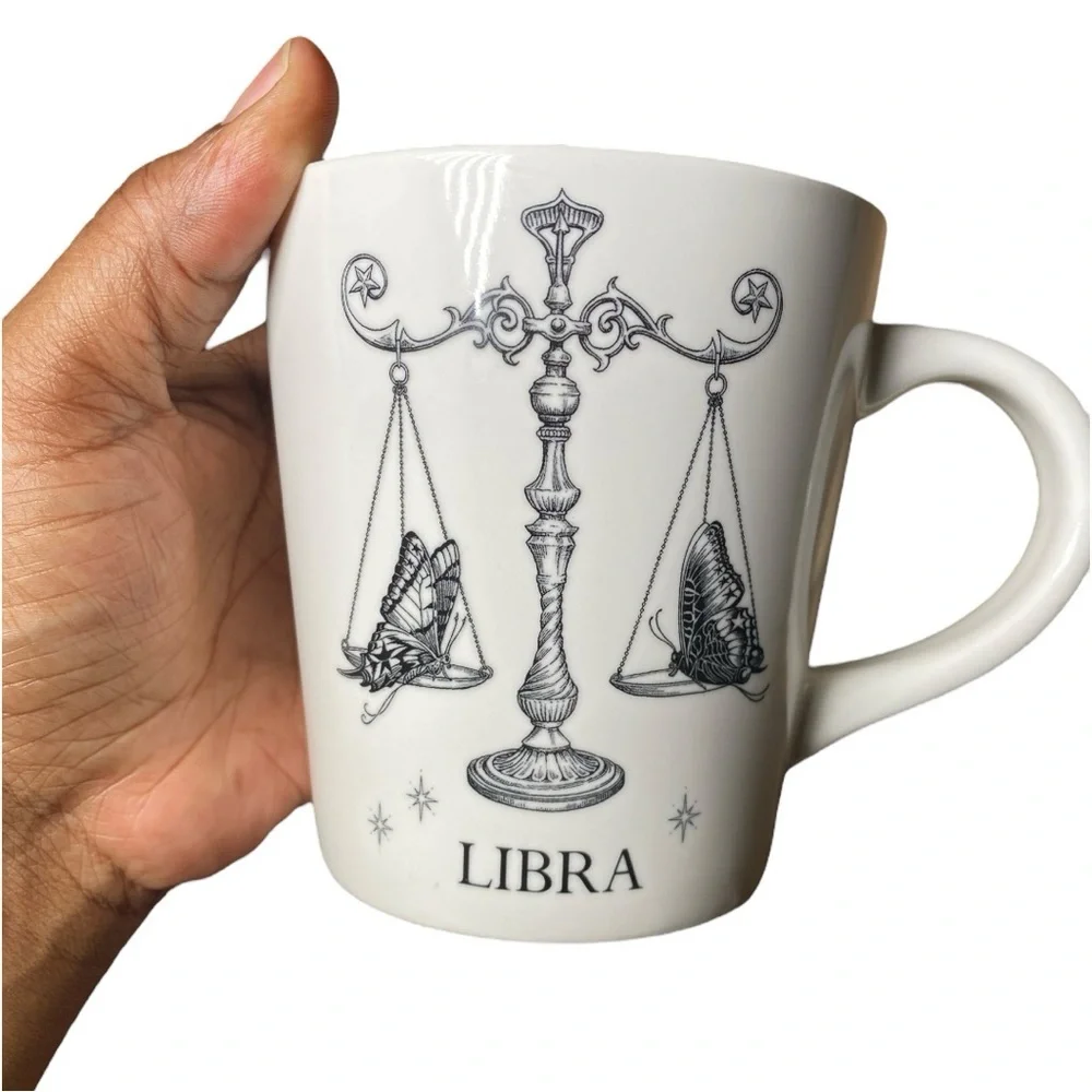 Williams Sonoma Libra Scale w/ Butterflies Black & White Coffee Tea Mug Cup